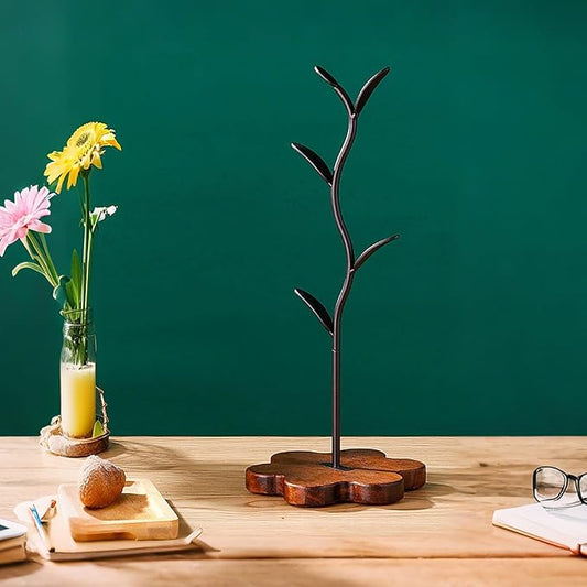 Wooden Base Coffee Mug Holder Tree - Leaf Shaped Countertop Mug Rack with 4 Hooks,Tea Cup Storage Rack, Breakroom Decor, Kitchen & Coffee Bar Accessory Organizer