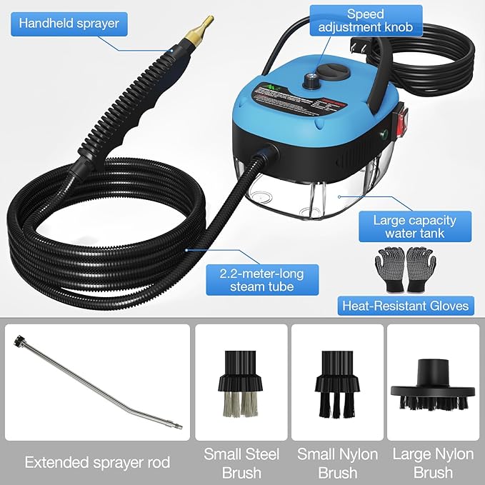 Handheld Steam Cleaner,2500W Hand-Held High Pressure Portable Cleaning Machine with 3 Brush, High Temperature Steamer for Home Use, Kitchen, Furniture, Bathroom, Car (Blue)