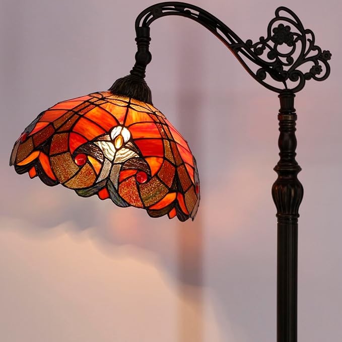 WERFACTORY Tiffany Floor Lamp Red Liaison Stained Glass Arched Lamp 12X18X64 Inches Gooseneck Adjustable Corner Standing Reading Light Decor Bedroom Living Room S160R Series