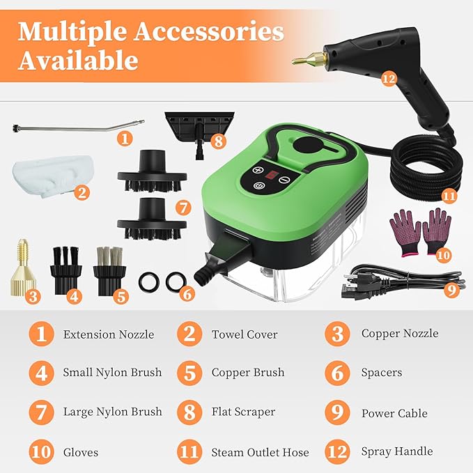 Steam Cleaner, Handheld Steam Cleaner for Home Car Furniture Bathroom, 2500W High Pressure Steam Cleaner, 1.2L Water Capacity, 6 Adjustable Speeds, 4 Brush Heads, Steamer for Cleaning (Green)