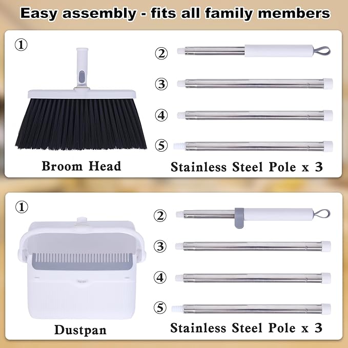 Upgrade Broom with Dustpan Combo Set Heavy Duty, Ergonomic Adjustable Handle, Cleaning Teeth, Ideal for Pets, Indoor and Outdoor Sweeping(White)