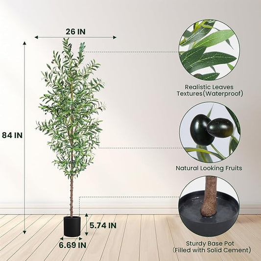 Artificial Olive Tree, 7FT Tall Faux Olive Trees 84in Outdoor Fake Potted Silk Plant with Trunk and Realistic 1048 Leaves and 40 Fruits for Modern Office Home Decor Indoor(1pack)