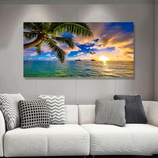 Seascape Sunset Pictures Canvas Wall Art For Living Room Bedroom Wall Decor,Palm Wall Art Print Paitnings For Home Decor,Morden Artwork Coconut Tree Canvas Art Waterproof Ready To Hang-24x48 Inches