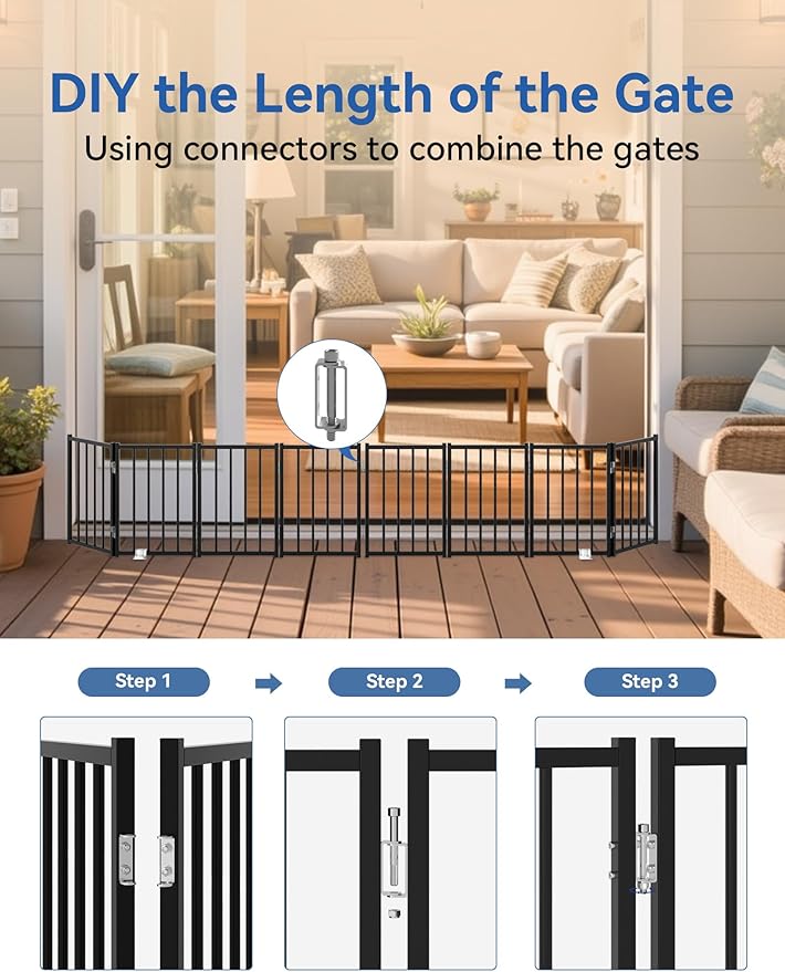 Free Standing Foldable Dog Gate, 16.5" High Step-Over Metal Short Pet Gate, Up to 48" Wide Puppy Fence for Stairs and Doorways, Indoor & Outdoor Use, No Drilling and No Assembly, Black