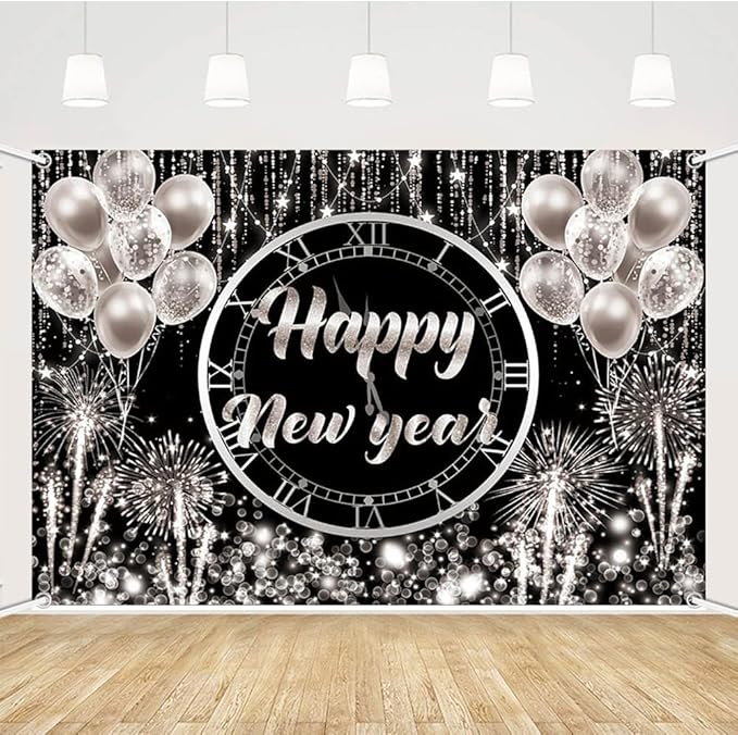 MEHOFOND Happy New Year Backdrop Hello 2024 NYE Cheers Party Decorations Sliver Black Photography Background Kiss Me at Midnight New Year's Eve Festival Party Supplies Photobooth Banner 8x6ft