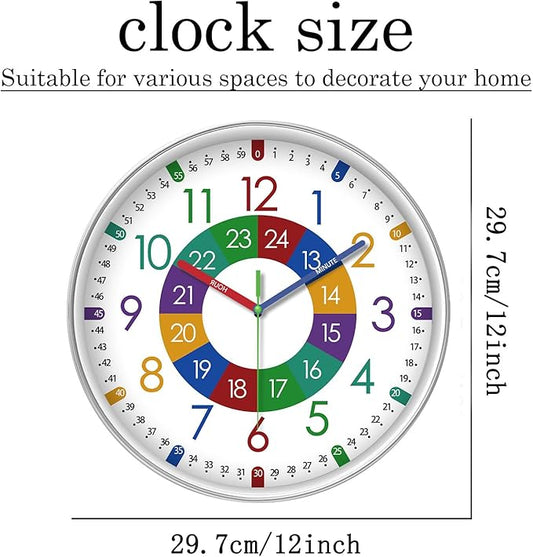 XFM Learning Clock for Kids Silent Non Ticking Battery Operated Colorful Teaching Time Clock 12 Inch Decorative Small Analog Clock for Kids Room Classroom School Playroom