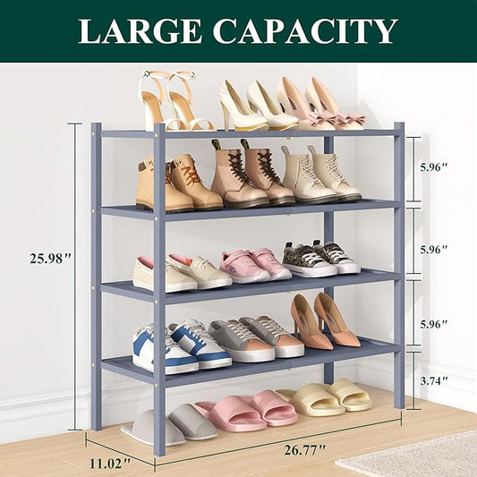 Smiry Bamboo Shoe Rack, 4 Tier Shoe Organizer for Entryway & Closet, Stackable Free Standing Storage Shelf for Shoes, Bags & Plants, Grey