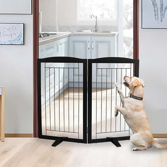 ZJSF Freestanding Dog Fence Indoor, Foldable Dog Gate for Doorways, Stairs or Hallways, Sturdy Wood Extra Wide Pet Gate with Support Feet for The House, Black, 32 "Height-2 Panels