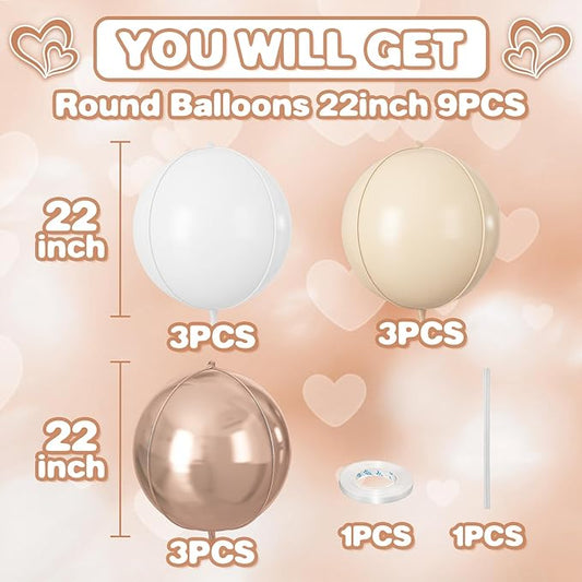Cream White Gold Round Foil Balloons 9 pcs,Metallic Giant 4D Round Balloons 22 Inch for Birthday Boho Wedding Anniversary Engagement Decorations