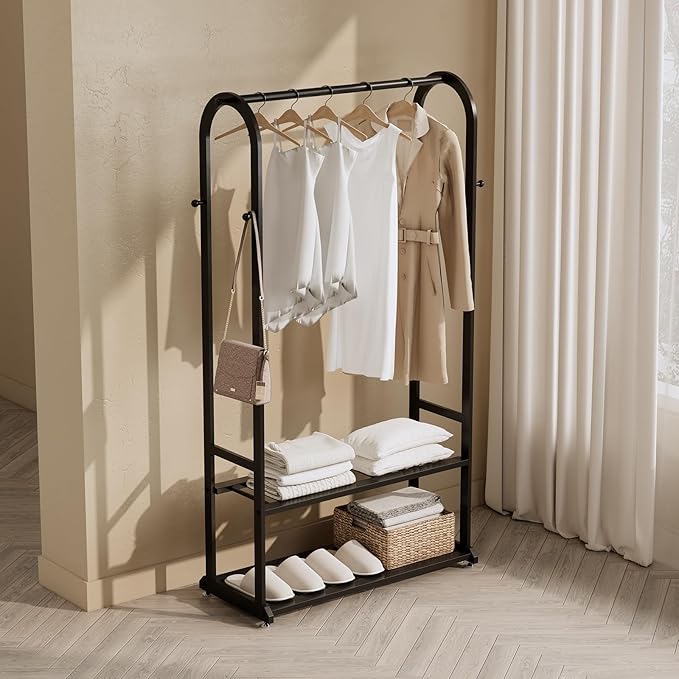 Heavy Duty Clothes Rack,Sturdy Metal Garment Racks for Hanging Clothes,Clothing Racks with bottom shelves & 6 Hooks,Multi-Functional Closet Rack for Bedroom Living room