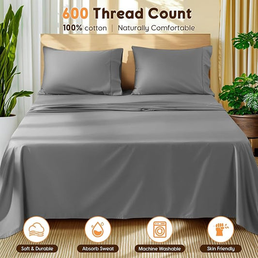 LBRO2M 100% Cotton Sheets Set Queen Size 600 Thread Count 4 Piece Sets Bed Sheet Deep Pocket Up to 16" Soft Comfortable All Season (Queen, Gray)