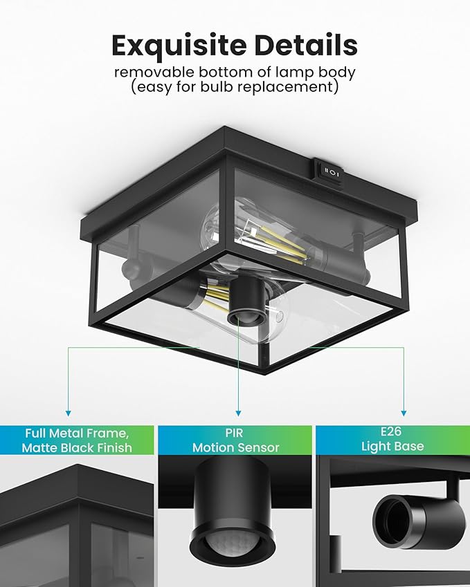 Outdoor Ceiling Light with Motion Sensor, Flush Mount Porch Light, Exterior Light Fixture with Clear Glass, Dusk to Dawn 2-Light Fixture for Patio,Porch (8.5 in)