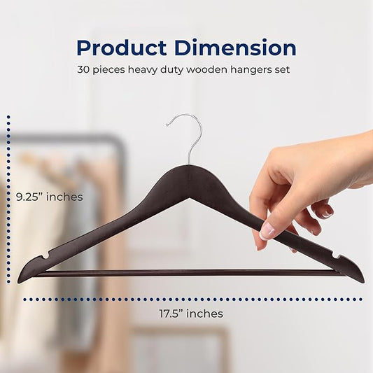 SereneLife 30 Pack Wooden Coat Hangers – Durable Suit Hangers with 360° Swivel Hook & Notches – Slim Design for Shirts, Jackets, Dresses, and More