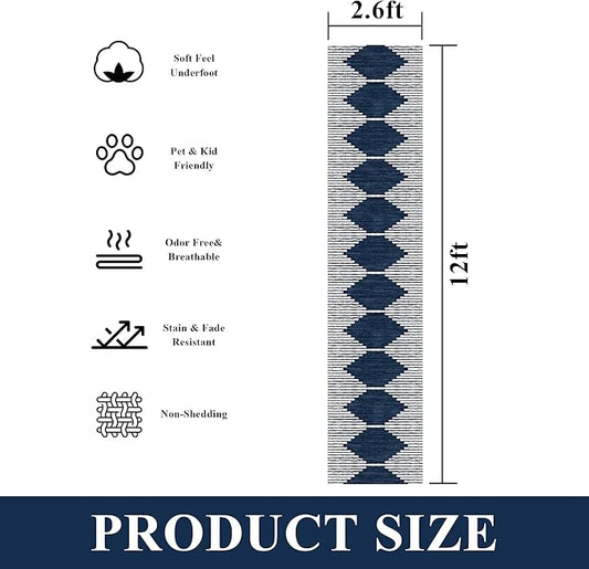 HelloTree Hallway Runner Rug,2.6x12 Moroccan Modern Stripe Carpet Washable Machine Bathroom Runner Bohemian Design Modern Soft Non Slip Indoor Rug for Entryway Hallway Laundry Room Bedroom-Blue