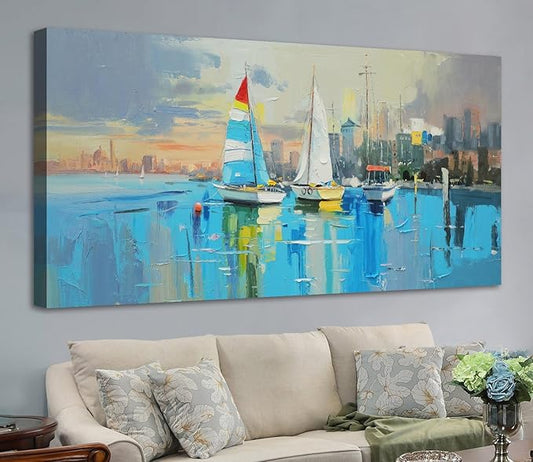 Anolyfi Abstract Canvas Wall Art Landscape Picture Coastal Cityscape Painting Blue Textured Artwork for Living Room Bedroom Bathroom Kitchen Office Home Decor 40"x20"