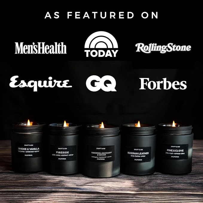 Craft & Kin Premium Oakwood, Mahogany & Vetiver Candle | Black Scented Candles for Men | Long Lasting with 45 Hour Burn Time, 7.6oz | Soy Candles | Aromatherapy at Home