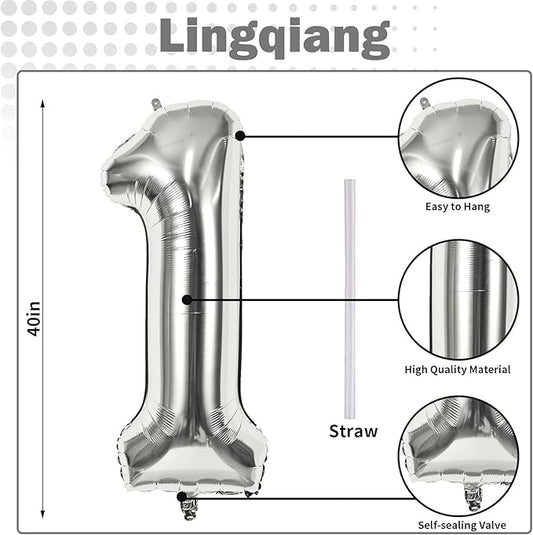 Silver 1 Balloon Number, 40 Inch Giant Helium Foil Number 0-9 for Boys Girls, Self Inflating 1st Birthday Balloon for Women Men 10th Anniversary Baby Shower New Year Wedding Party Decorations Supplies