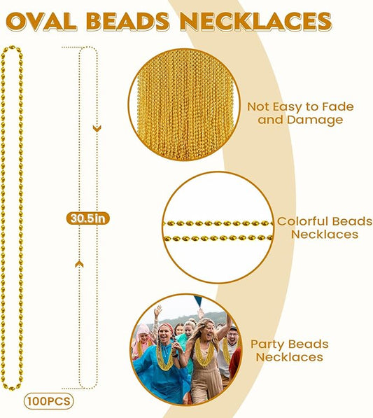 100 PCS Gold Bead Necklace, Gold Mardi Gras Christmas Oval Beads Necklaces 30.5" Metallic Beaded Costume Necklaces Party Necklaces for Mardi Gras Christmas Parade Throws Pirate Party Favors