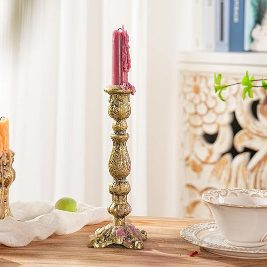 Sungmor Vintage Gold Cast Iron Candle Holder – 8.7" Tall Decorative Rustic Taper Candle Stand – Heavy Antique-Style Candlestick for Table Centerpiece, Fireplace Mantel, or Farmhouse Home Décor