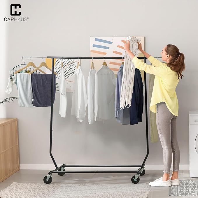 CAPHAUS Heavy Duty Clothes Rack, 220LBS Capacity Rolling Clothing Rack for Hanging Clothes, Adjustable Metal Wardrobe Rack, Portable Garment Rack with Wheels and Extendable Rod, Black