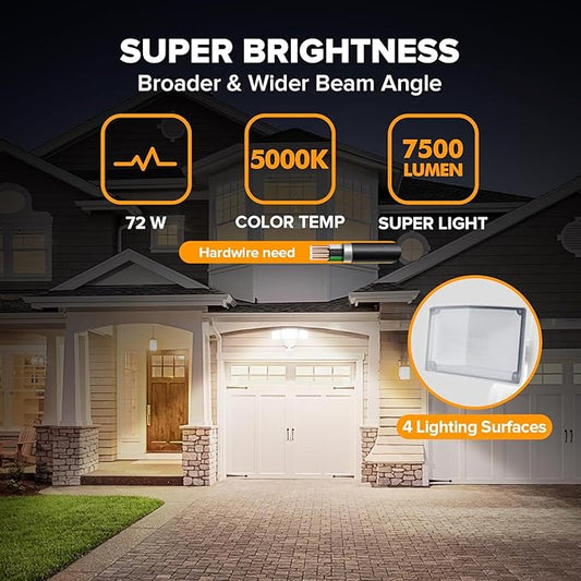 LUTEC 2 Pack 72W 7500LM LED Security Lights Motion Sensor Light Outdoor, 5000K Daylight, IP65 Waterproof, Dusk to Dawn, 3-Head Motion Detected Flood Light for Garage, Yard, Porch(White)
