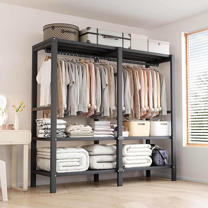 Heavy Duty Clothes Rack with Magnetic Door, Metal Foldable Covered Clothes Rack, Portable Wardrobe Closet System for Hanging Clothes, Rolling Garment Racks for Bedroom (Brown Doors, 49.2in)