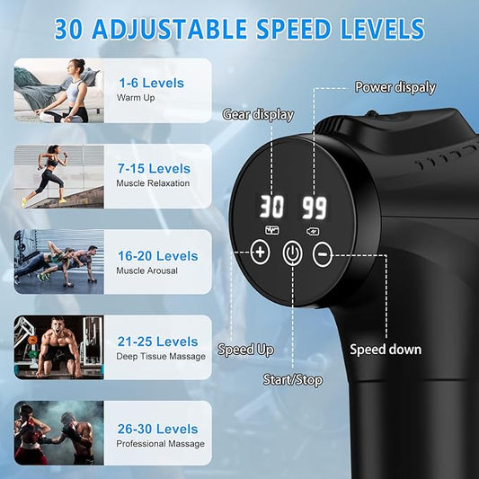 Massage Gun, Muscle Massage Gun for Athletes Handheld Electric Deep Tissue Back Massager, Percussion Massage Device for Pain Relief with 30 Speed Levels 9 Heads