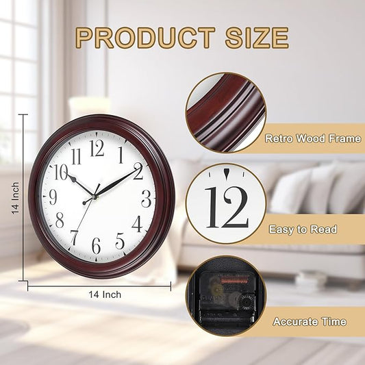Wall Clock Wood 14 Inch Round Wooden Wall Clocks Battery Operated Non Ticking Analog Rustic Farmhouse Clock for Christmas Kitchen Living Room Bedroom