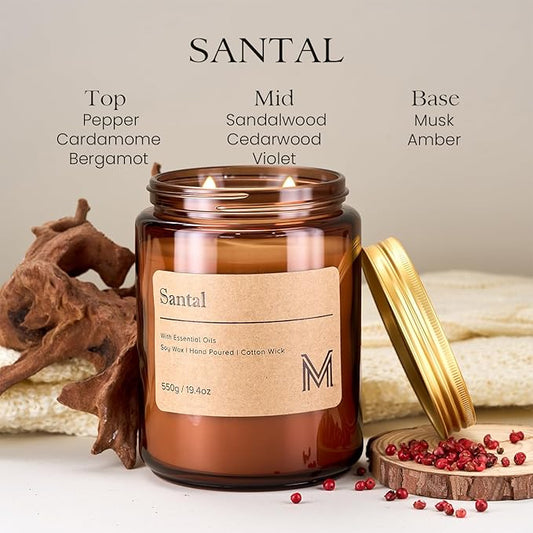 M&SENSE Santal Scented Christmas Candle Gift | 19.4oz, 115-Hour Burn | Natural Organic Soy Wax | Long-Lasting for Stress Relief and Gifting | for Christmas, Thanksgiving, Holiday