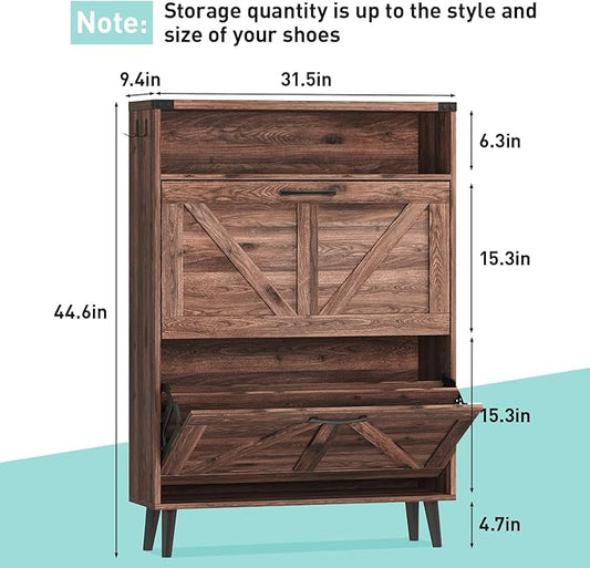 Vabches Shoe Storage Cabinet with 2 Flip Drawers,Freestanding Narrow Shoe Organizer with Open Storage,Hidden Slim Shoe Rack Cabinet for Entryway,Hallway,Dark Walnut