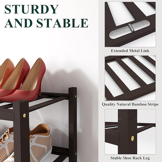 Smiry Bamboo Shoe Rack for Closet, 2 Tier Long Wooden Stackable Shoe Organizer, Free Standing Shoes Storage Shelf for Entryway, Front Door Entrance, Brown