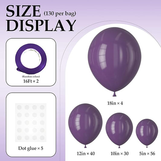130PCS Lilac Balloons, 18/12/10/5 Inch Latex Balloons with Ribbon, Party Balloons for Birthday Wedding Graduation Baby Shower Decorations