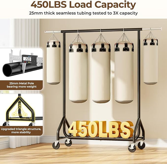 Heavy-Duty 450LBS Capacity Metal Clothes Rack,Rolling Clothing Rack with Wheels & Shelves, Portable Standing Wardrobe Rack for Hanging Clothes, Black