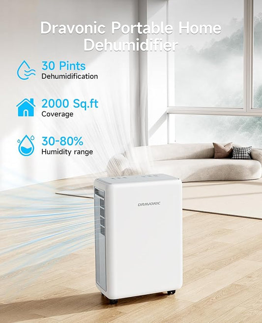 2000 Sq. Ft Dehumidifier for Basement, 30 Pint Dehumidifiers for Home, Bedroom and Bathroom, 3 Modes Dehumidifier with Drain Hose, Smart Humidity Control, 24H Timer (White)