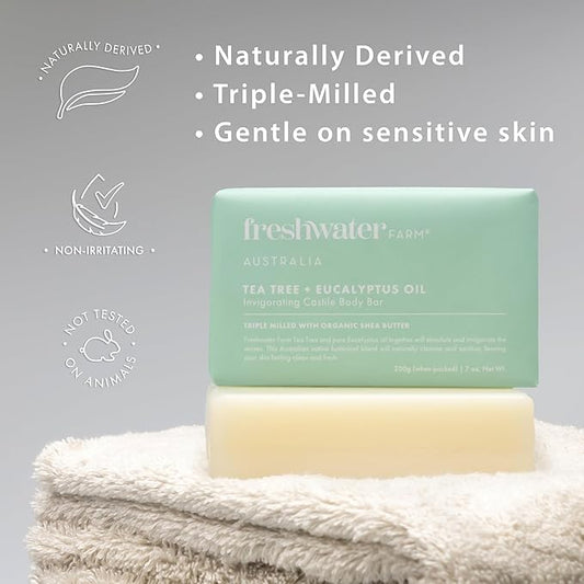 Freshwater Farm Australia Natural Soap Bar- Tea Tree + Eucalyptus Oil| 7oz x 8 Pack.Castile Bar Soap, Soap Bar, Natural Bar Soap, Body Soap Bars With Essential Oil For Sensitive Skin