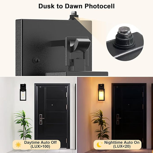 2-Pack Dusk to Dawn Outdoor Wall Lights, Modern Black Sensor Porch Light Fixtures, Waterproof Exterior Lighting for House, Garage, Patio, Front Door, 100-120Vac