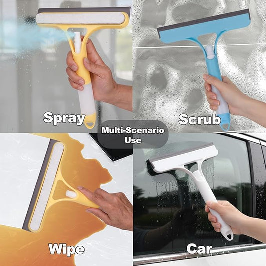 3 Pcs Squeegee for Shower Glass, 3 in 1 Window Scrubber, Spray, Sponge Wipe, Silicone Squeegee, for Car Window, Mirror, Tile Walls, with 6 Wall Hooks, Easy to Clean Kit, Yellow, Blue, White