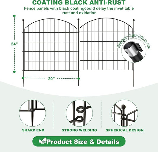 24 in(H) x20 Ft(L) No Dig Heavy Duty Metal Fence - 10 Panels Thick Rust-Resistant Decorative Fence Posts for Yard Security, Garden, Lawn, Farm and Poultry (Black)