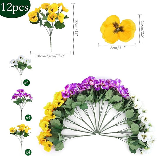 Hananona 12 Bundles Artificial Flowers Outdoor UV Resistant Artificial Silk Pansies Faux Plastic Flower in Bulk Fake Outdoor Plants(12, Yellow, White, Purple)