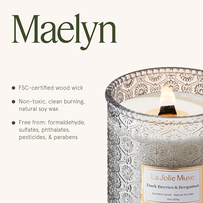 LA JOLIE MUSE Dark Berries & Bergamot Scented Candles, 19 oz Large Glass Jar Candle, Candle Gifts for Women&Men, Natural Soy Candles for Home, 90 Hours Long Burning Time