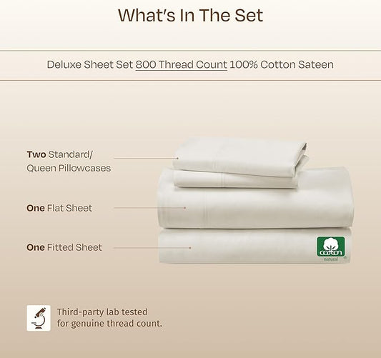 California Design Den Luxury Queen Sheets Set - Buttery Soft 800 Thread Count Sateen, 100% Cotton Bed Sheets Set with Deep Pockets, Beats Fake Egyptian Claims, Durable Bedding (Creamy Ivory)
