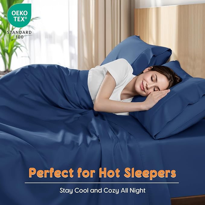 LBRO2M 100% Cotton Sheets Set Queen Size 600 Thread Count 4 Piece Sets Bed Sheet Deep Pocket Up to 16" Soft Comfortable All Season (Queen, Navy Blue)