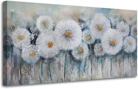 Acocifi Floral Canvas Wall Art for Living Room Dandelion Picture Flower Bedroom Painting 60% Handmade Textured, Grey Vintage Artwork Extra Large Framed for Dining Room Office Home Decor 58"x29"