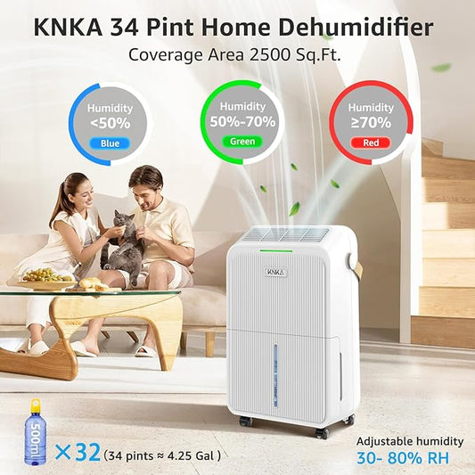 KNKA 2500 Sq.Ft Dehumidifiers for Home with Drain Hose Max 34 Pints, Dehumidifier for Basement, Bedroom, Bathroom, Large Room, Three Modes, Intelligent Humidity Control, Dry Clothes, 24HR Timer