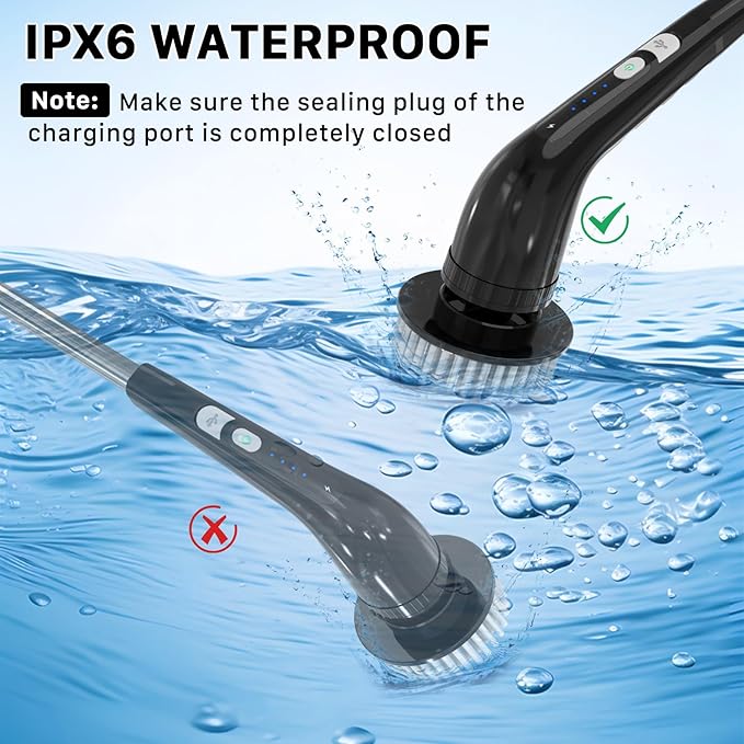Electric Spin Scrubber, Cordless Cleaning Brush, Shower Scrubber with 7 Replaceable Brush, 2 Speeds and Adjustable Extension Handle for Bathroom Shower Bathtub Glass Car(Black)