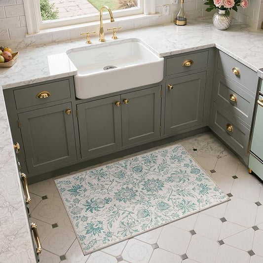 jinchan 2x3 Washable Rugs for Entryway Vintage-Inspired Floral Design Non-Slip Low-Pile Doormat Ultra-Thin Indoor Traditional Accent Carpet for Entrance Kitchen Bathroom Bedroom