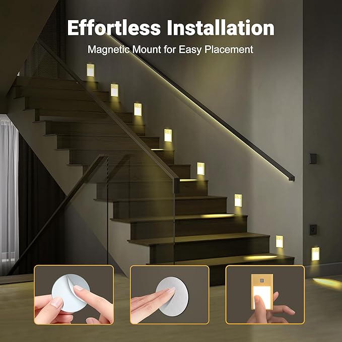 Rechargeable Motion Sensor Night Lights, 8-Pack - Painted Grey Aluminum Alloy, Ultra-Compact Magnetic Mount, 3000K Warm White Glow, Ideal for Hallways, Bedrooms, Stairs & Nightly Use