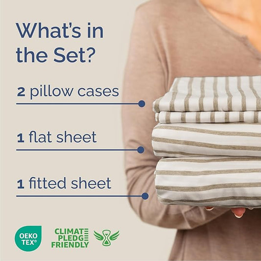 Queen Size 4 Piece Sheet Set - Comfy Breathable & Cooling Bed Sheets Set - Hotel Luxury Bedding for Women, Men, Kids, Teens, Boys & Girls - Deep Pockets and Wrinkle Free - Oeko-Tex - Beige Stripes 2