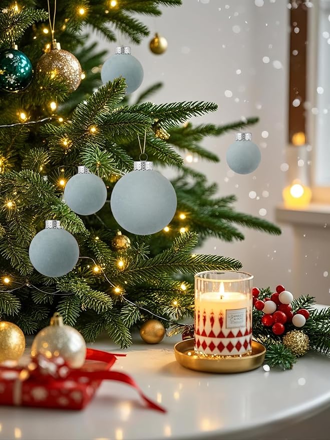 Velvet Christmas Ball Ornaments Set-46pcs Flocked Shatterproof Christmas Tree Decorations Plastic Xmas Decorative Hanging Ornaments for Xmas Holiday Home Decor,3 Sizes(Gray Blue)