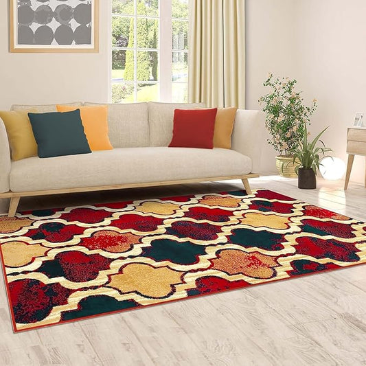 Superior Indoor Small Area Rug, Jute Backed, Perfect for Living/ Dining Room, Bedroom, Office, Kitchen, Entryway, Modern Geometric Trellis Floor Decor, Viking Collection, 4' x 6', Red Blue